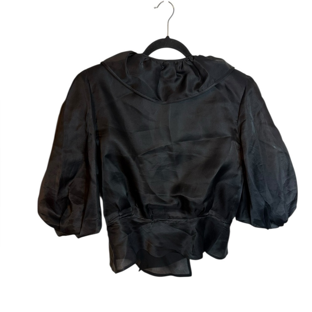 Bob Evan’s Vintage Black Silk Ruffle Puff Sleeve Sheer Blouse - Picture 2 of 6